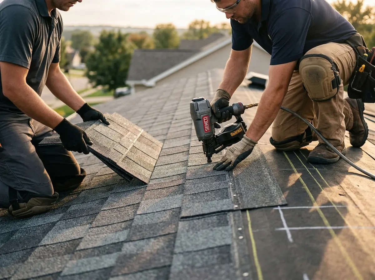 Professional roofer working on a residential roof in Rainbow City
